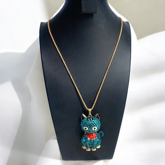 Betsey Johnson Blue Cat Pendant Necklace W/ Gold-Tone Chain & Heart Charm - Picture 1 of 9